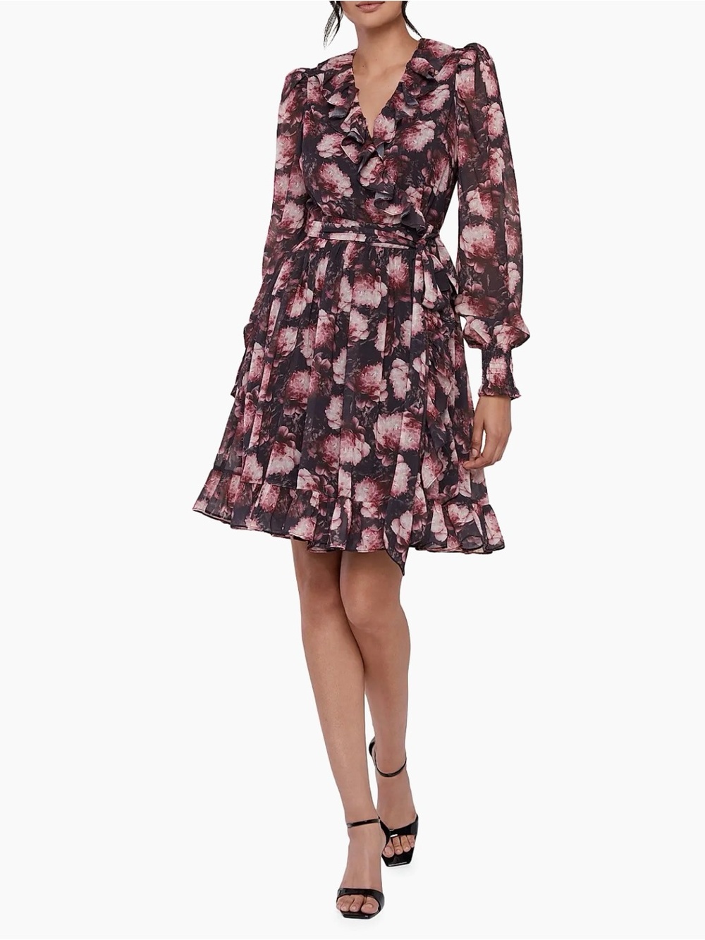 Rachel Parcell Floral Ruffle Wrap Dress in Pink and Black